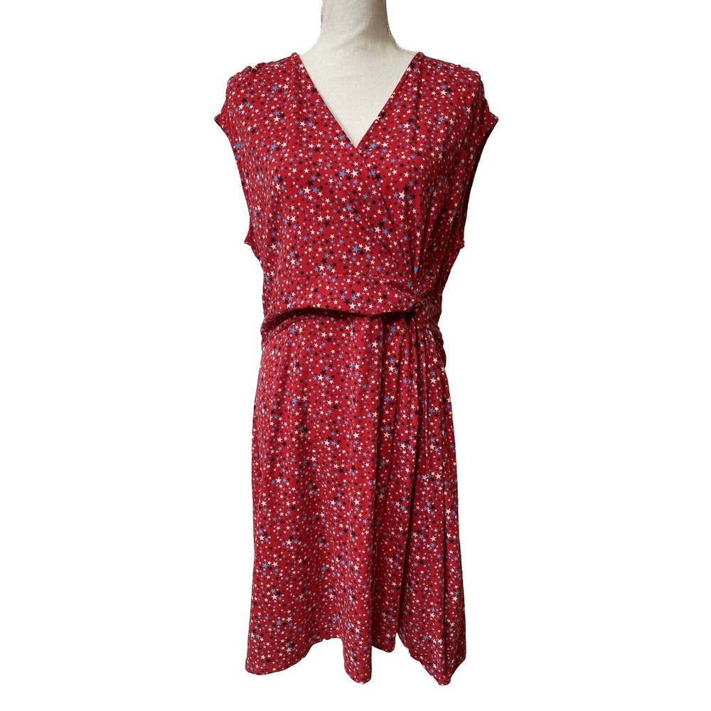 Lands' End Sleeveless V-Neck Patriotic Dress Red White Blue Star Pattern Size XL